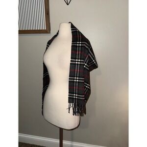 Burberry London 100% Cashmere Plaid Scarf Grey Red White Fringe Luxury